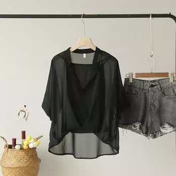 Комплект из двух предметов Топы Шифоновые рубашки Летний рукав до локтя Свободный V-образный вырез Женская блузка Повседневная Сексуальная Рубашка оверсайз в полоску OneSize чёрный