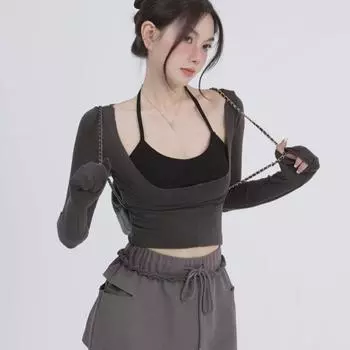 Комплект из двух предметов Y2k, эстетические футболки в стиле Харадзюку, футболки с лямкой на шее и длинными рукавами, Femme, универсальные топы со спагетти, лоскутный топ для женщин S