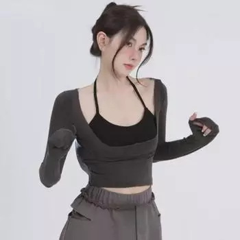 Комплект из двух предметов Y2k, эстетические футболки в стиле Харадзюку, футболки с лямкой на шее и длинными рукавами, Femme, универсальные топы со спагетти, лоскутный топ для женщин S серый