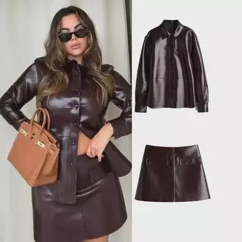 Комплект из двух предметов: жакет с лацканами и мини-юбка из искусственной кожи в европейском и американском стиле Medium