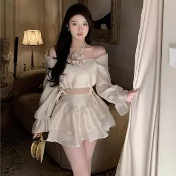 Комплект из двух предметов, женская блузка с вырезом на шнуровке и цветочным принтом, рубашки с лямкой на шее, пышные многослойные мини-юбки с высокой талией, однотонный укороченный топ S бежевый