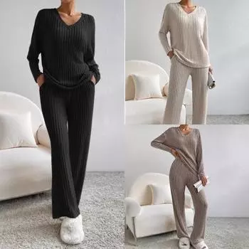 Комплект из двух предметов, женские, осень 2024, новые модные повседневные брюки прямого кроя, темперамент, свободный V-образный вырез, трикотажный чехол в полоску S абрикосовый