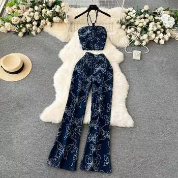 Комплект из двух предметов, женский бюстгальтер с принтом Bufferfly, высокая талия, Холтер без бретелек + широкие брюки, летние комплекты брюк, Прямая поставка S синий