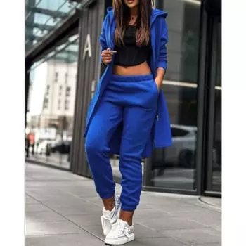 Комплект из двух предметов, женский наряд, осенняя мода, карман на молнии, длинный рукав, удлиненный разрез, капюшон, пальто и повседневные брюки с манжетами XXL синий