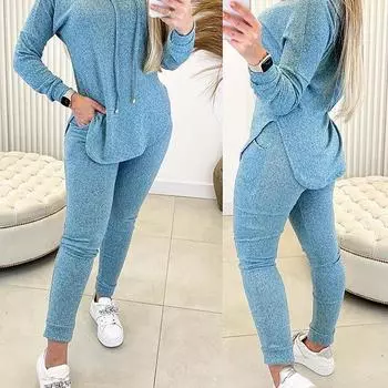 Комплект из двух предметов, женский наряд, весенняя мода, толстовка с капюшоном и разрезом по краю и длинными рукавами, повседневный комплект с карманами и брюками с высокой талией XS красный