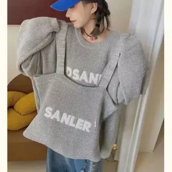 Комплект из двух предметов: женский свитер с сумкой, однотонный, круглый вырез, женский пуловер, корейский свободный топ с длинными рукавами для женщин One Size розовый