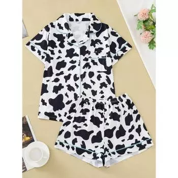 Комплект из двух предметов женской пижамы, топ с лацканами и брюки с коровьим узором, летняя повседневная женская пижама для дома S оранжевый