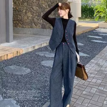 Комплект из двух предметов: жилет высокого качества и широкие брюки, идеальный для осени S синий