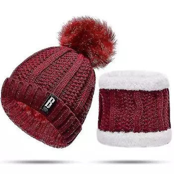 Комплект из двух предметов, зимний женский теплый вязаный шарф, лыжная шапка без полей, спортивная кепка для активного отдыха винный/красный