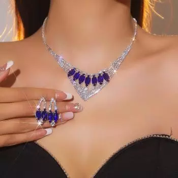Комплект из двух серег и ожерелья с блестящими бриллиантами, черно-белого, синего и красного цвета, универсальные серьги и ожерелье, свадебные украшения.