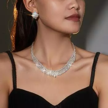 Комплект из двух серег и ожерелья с геометрическими квадратными стразами, модный комплект свадебных украшений, аксессуары для платья