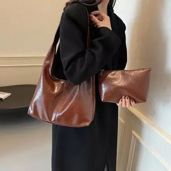 Комплект из двух сумок, мягкая кожаная сумка-тоут, женская ретро-сумка большой вместимости, сумка через плечо подмышкой чёрный