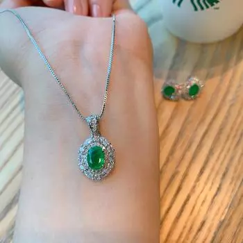 Комплект из двух украшений: ожерелье, серьги, серебряная игла S925, изумруд