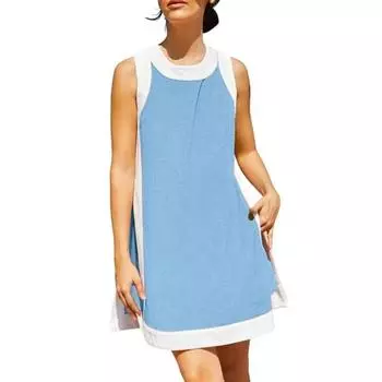 Комплект из двух вещей для женщин Летние наряды в стиле бохо с цветными блоками Без рукавов Круглый вырез Разрез сбоку Мини-платье Повседневные комплекты с шортами для отдыха XL небесно-голубой