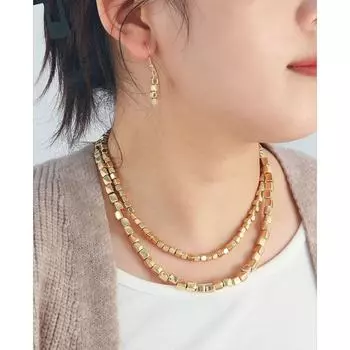 Комплект из двухслойного ожерелья и серег в форме куба из цинкового сплава с однотонными металлическими бусинами double-layer cube necklace earrings set золотой