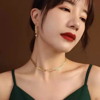 Комплект из европейского и американского ожерелья «Пшеничные колоски» и серег «Перья феникса», титановая сталь с позолотой 18 карат