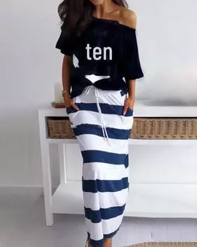 Комплект из футболки с коротким рукавом и юбки в морском стиле с принтом якоря 2XL