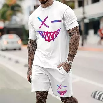 Комплект из футболки с короткими рукавами и круглым вырезом, украшенной принтом лица монстра, и шорт на завязках S