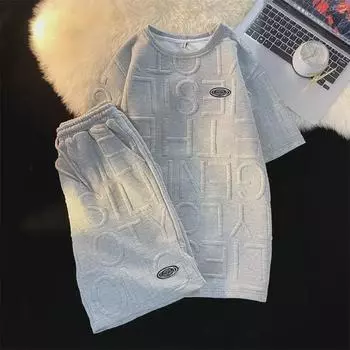 Комплект из футболки унисекс в стиле колледжа с короткими рукавами и свободных шорт с надписью 3XL белый