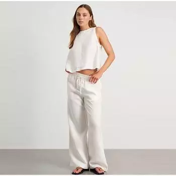 Комплект из хлопкового льна и брюк, женский однотонный широкий длинный костюм без рукавов, повседневный костюм, весна-лето 2025, новые комплекты брюк S белый