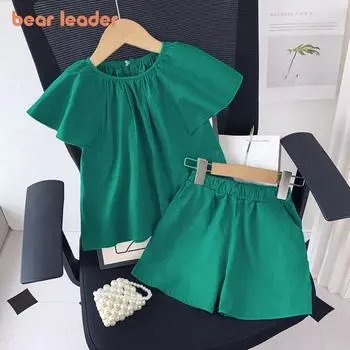 Комплект из хлопковой куртки Bear Leader для девочек, однотонный топ на бретелях, футболка и шорты, комплект из 2 предметов, детская одежда, повседневная одежда для детей 3-7 лет, TZ245 3Y