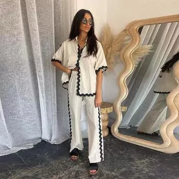 Комплект из хлопковых и льняных полосатых брюк в стиле пэчворк, женская повседневная однобортная рубашка с коротким рукавом, свободные широкие брюки с высокой талией S бежевый