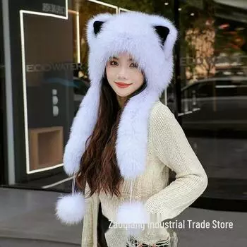 Комплект из искусственного меха, шапки и шарфа для снега с симпатичными наушниками – толстый и теплый для осени и зимы белый