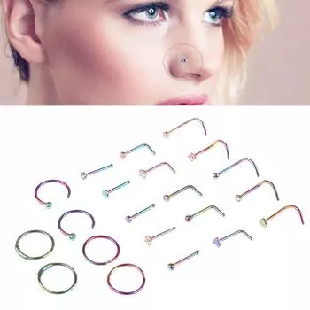 Комплект из колец и гвоздиков для носа в форме сердца из нержавеющей стали, индийский комплект гвоздиков для пирсинга носа, симпатичные гвоздики для носа, ювелирные изделия 21Pcs