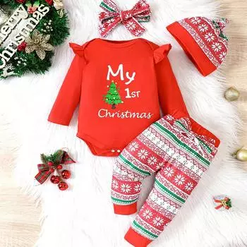 Комплект из комбинезона с длинными рукавами для девочки с принтом «Мое первое Рождество» и штанов с рождественским узором, шапочки и повязки на голову 12-18M
