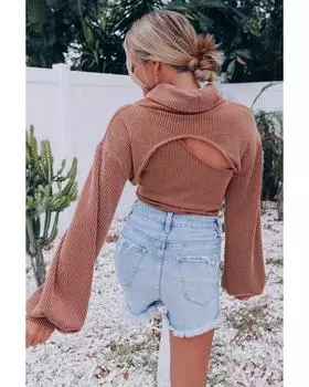 Комплект из коричневой водолазки на одно плечо Azura Exchange с рукавами-фонариками и болеро XL коричневый