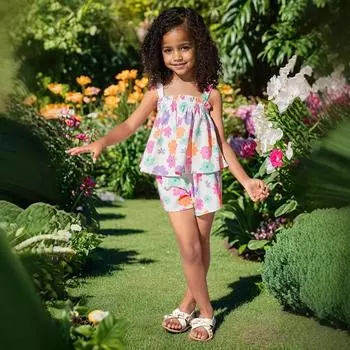 Комплект из короткого топа и шорт с цветочным принтом для девочек, летний повседневный модный комплект для детей 1-2Y