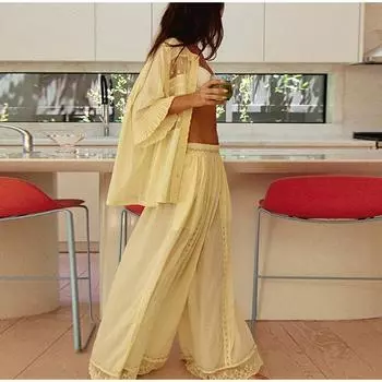 Комплект из кружевного цветочного топа и брюк, женские однотонные прозрачные топы, свободные прямые длинные брюки с высокой талией, новинка 2025 года, элегантные женские костюмы S жёлтый