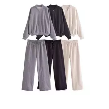 Комплект из куртки-бомбера и брюк для женщин, повседневное пальто с длинным рукавом на молнии, винтажный однотонный костюм из толстовки, осенняя женская уличная одежда S абрикосовый