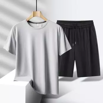 Комплект из ледяного шелка большого размера для мужских шорт с короткими рукавами, с добавлением жира и повышенной чувствительностью к льду. Быстросохнущий спортивный комплект из двух частей. 7XL