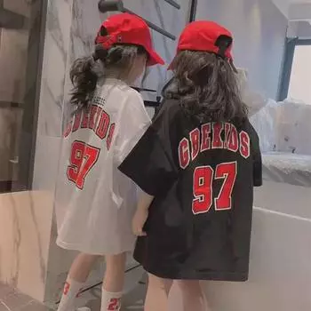 Комплект из модного летнего платья средней длины и баскетбольной футболки для девочек, свободного кроя, с короткими рукавами для детей постарше 150 cm белый