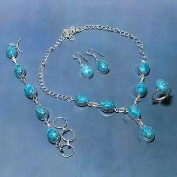 Комплект из натурального медно-голубого бирюзового драгоценного камня ручной работы из стерлингового серебра 925 пробы F8p49