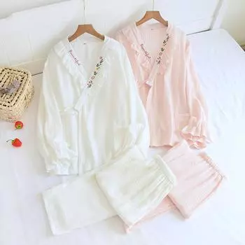 Комплект из новой женской пижамы на весну и осень, брюки с длинными рукавами, 100% хлопок, креп, домашняя одежда, комплект из двух предметов M розовый