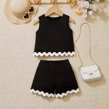 Комплект из однотонного кружевного жилета и шорт для девочек на лето для детей 1-2Y чёрный