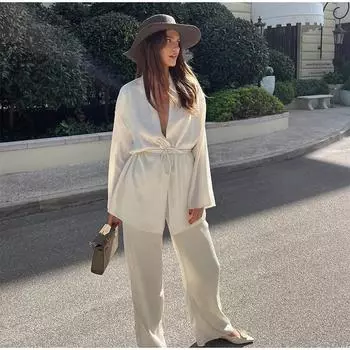 Комплект из однотонных плиссированных брюк со шнуровкой, женский свободный топ с V-образным вырезом и длинными рукавами, брюки с эластичной талией, женский шикарный повседневный наряд S