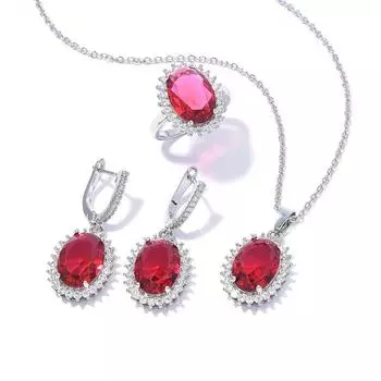 Комплект из овальных цирконов, кольцо Super Flash, серьги, ожерелье, комплект ювелирных изделий. Necklace with chain розы красного