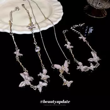 Комплект из ожерелья и браслета «Бабочка» с камнем «кошачий глаз» – Элегантные женские украшения Bracelet розовый