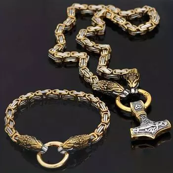 Комплект из ожерелья и браслета в стиле ретро викингов с головой волка и цепочкой из нержавеющей стали Stainless Steel Chain