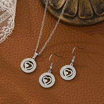 Комплект из ожерелья и серег из нержавеющей стали с круглым фианитовым сердечком, женские сверкающие украшения для любви, хип-хоп-аксессуары