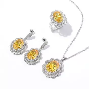 Комплект из ожерелья и серег с оборками, высококачественный свадебный комплект украшений из смешанного циркония. Size 7 ring жёлтый