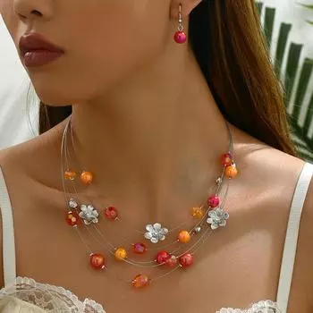Комплект из ожерелья и серег в стиле бохо с разноцветными бусинами и цветочным узором для женщин красный