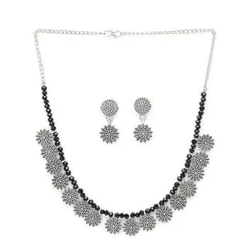 Комплект из ожерелья и серег в форме ключицы с оксидированным серебряным покрытием и цветочным узором | Комплект украшений для женщин