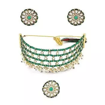 Комплект из ожерелья, сережек и кольца с зелеными кристаллами и бусинами Kundan для женщин