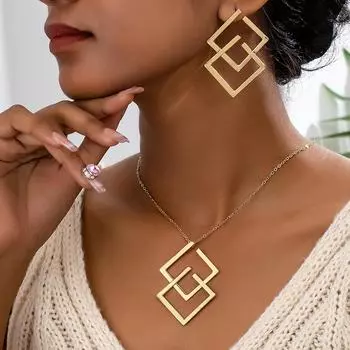 Комплект из ожерелий и серег с квадратным кулоном в европейском и американском стиле золотой