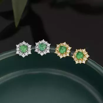 Комплект из платины с круглыми когтями, посеребренная 925 пробы, с серьгами-гвоздиками из натурального зеленого халцедона, изысканные темпераментные серьги 925 silver