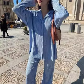 Комплект из плиссированной рубашки, женская весенняя рубашка с длинным рукавом на пуговицах, прямые брюки, повседневный свободный однотонный комплект из двух предметов S белый